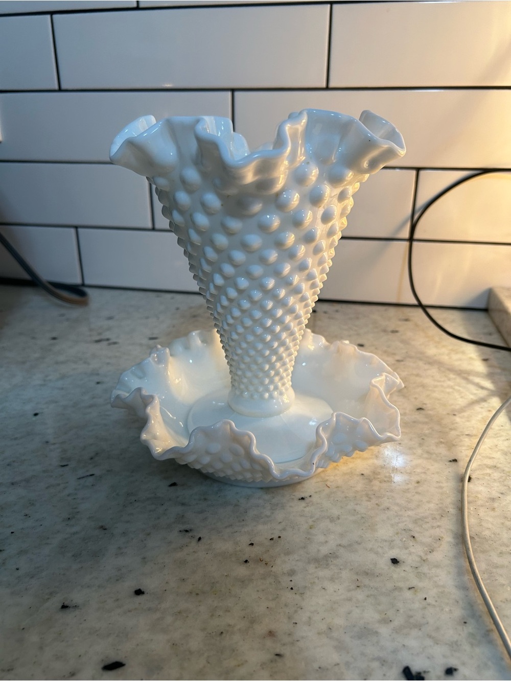 Vintage Fenton white milk glass hobnail trumpet vase and ruffled dish set